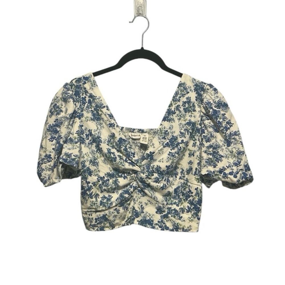 Midnight Sky Floral Cropped Puff Sleeve Top size Medium